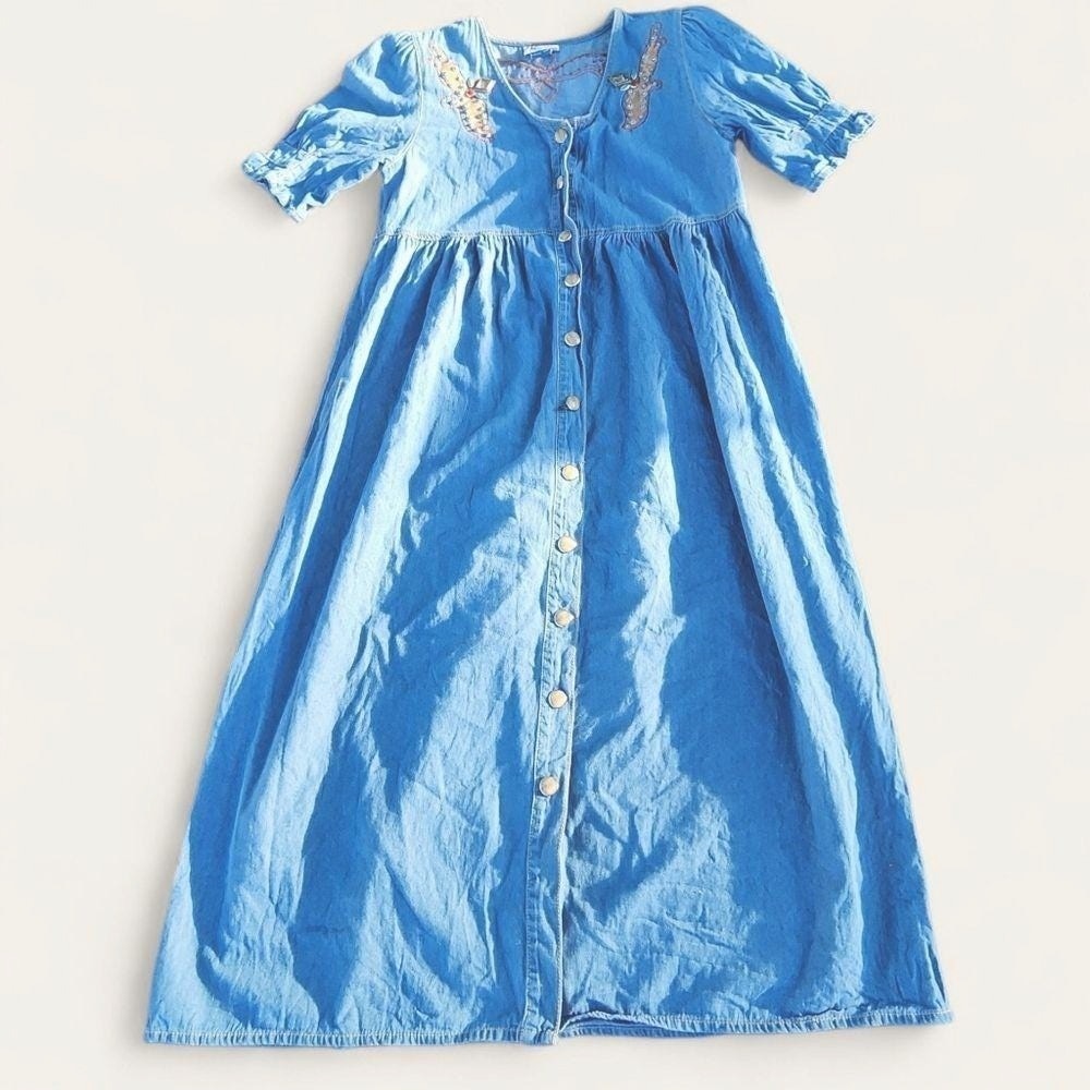 Monique Fashions Denim Maxi Dress Embroidered Gemstone Western 12P Blue Vintage‎